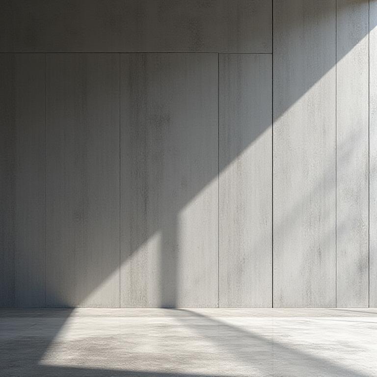 Architectural detail of concrete walls intersected by sharp shadow lines, embodying chiaroscuro minimalism.