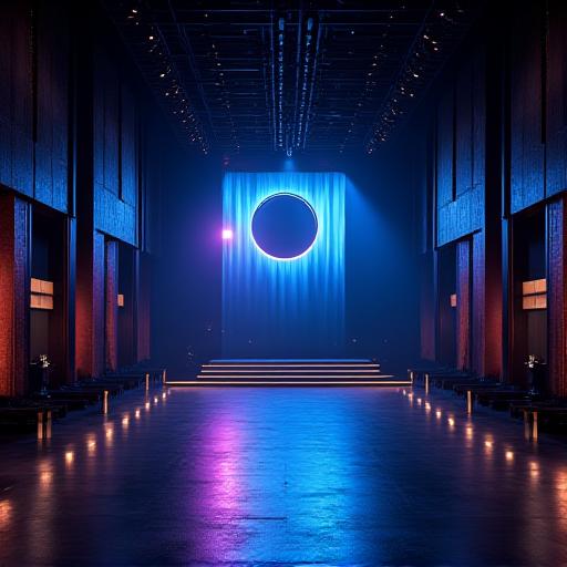 A dark, modern event hall with artistic lighting, 'Eclipse Event Hall'.