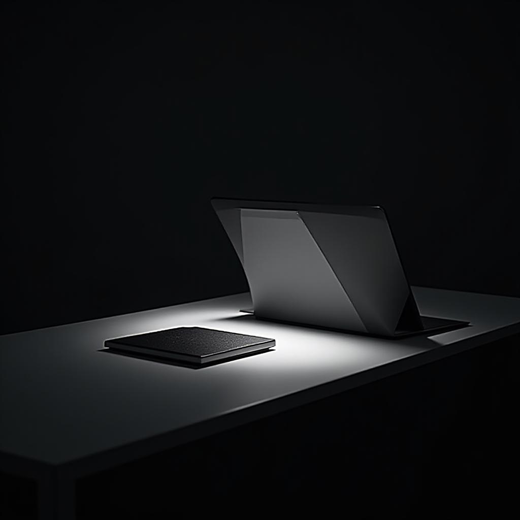 A sleek modern desk illuminated by a single shaft of geometric light, with deep shadows creating a focused environment.