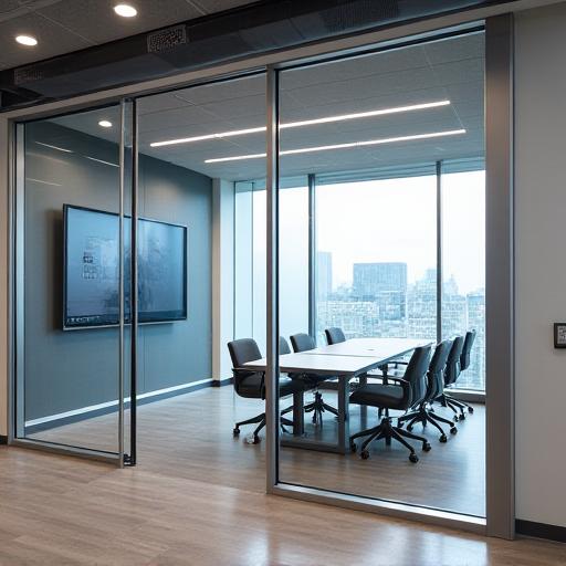 A modern meeting room with privacy glass, 'Refraction Meeting Rooms'.