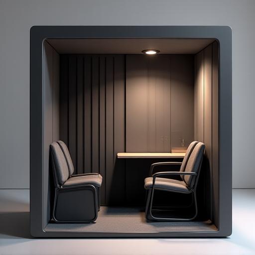 A modern, acoustically isolated private workstation, 'The Penumbra Pod'.